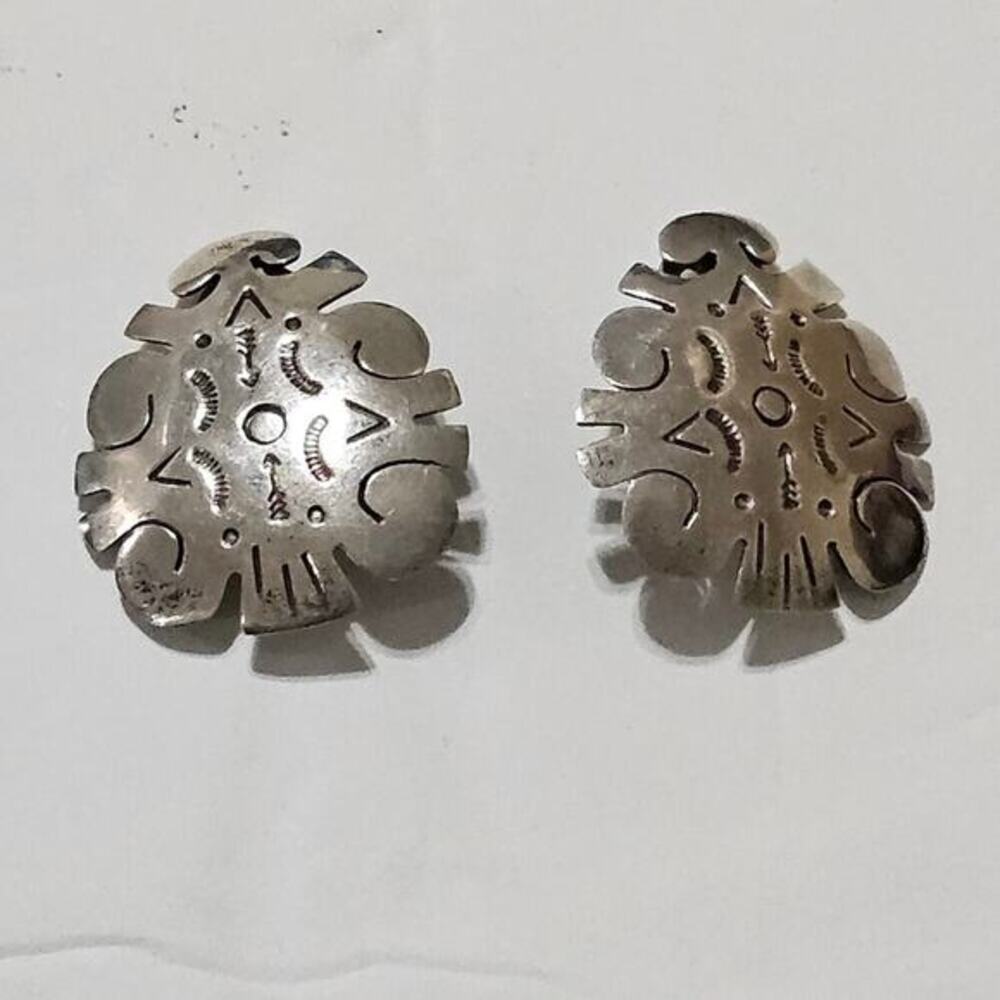 Silver Tribal Aztec Cutout Clip‎ Earrings